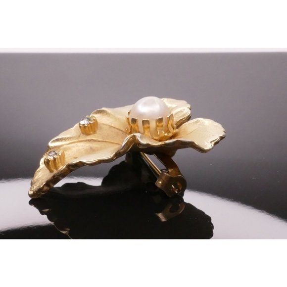 Gorgeous Vintage Leaf Brooch With Pearl & Rhinestones - Picture 5 of 8